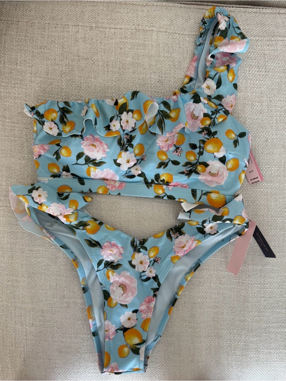 Victoria's Secret Light Blue Floral Lemon Ruffle One-Shoulder Bikini